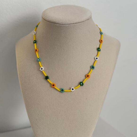 Other Jewelry - Yellow Green Beaded Flower Necklace Handmade Floral Jewelry Unique Gift